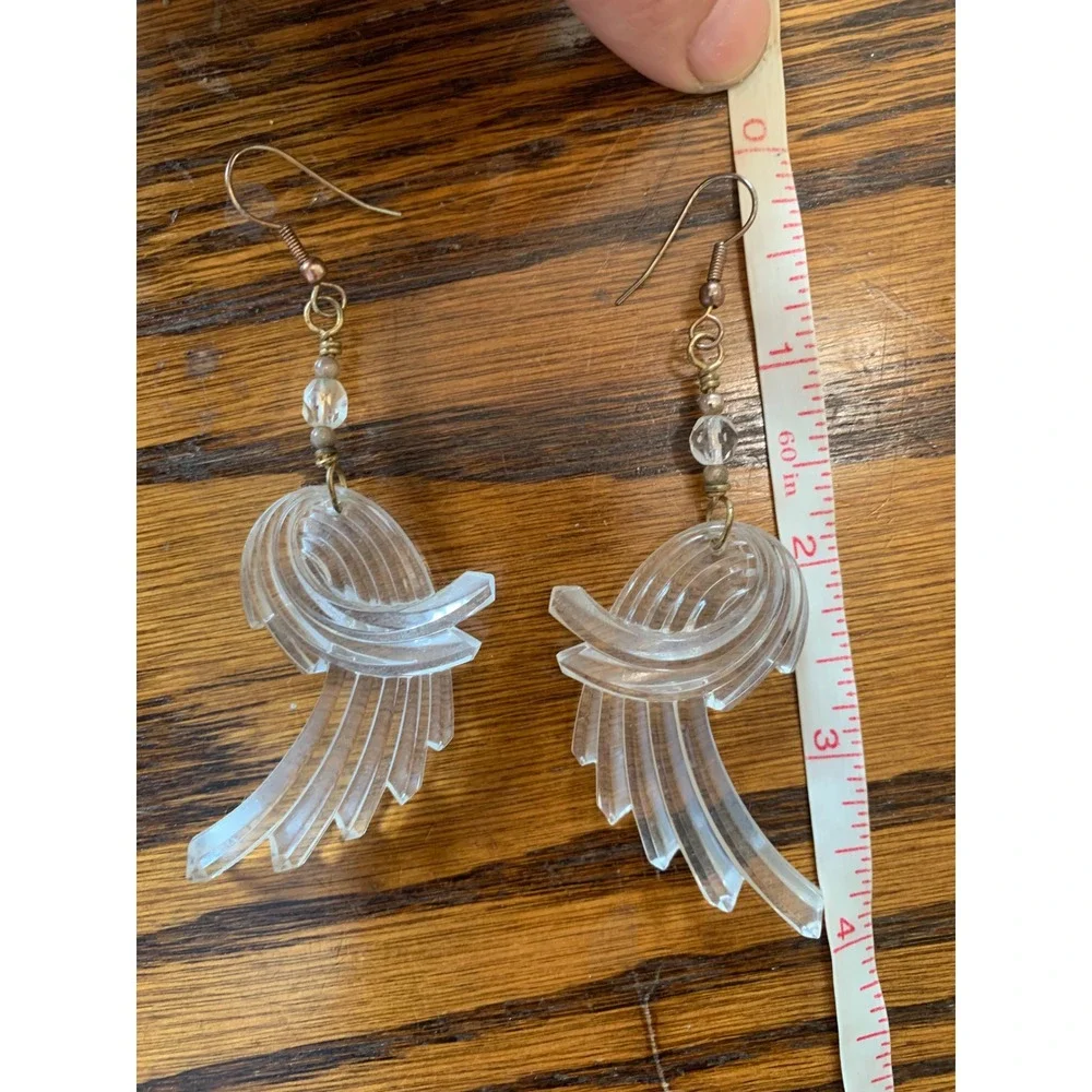 Vintage Clear Lucite Wing Dangle Earrings Art Deco Revival Ribbed Acrylic Drops